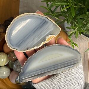 Gray Agate Geode Slices. Set of two smaller agate slabs front polished.